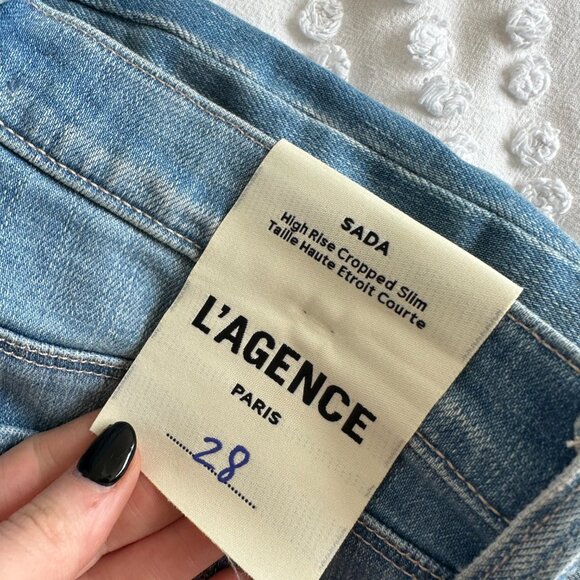 L'Agence Sada Cropped Jeans High Rise Slim Fit Raw Hem Whiskering Sz 28 Tuscany - Picture 4 of 10